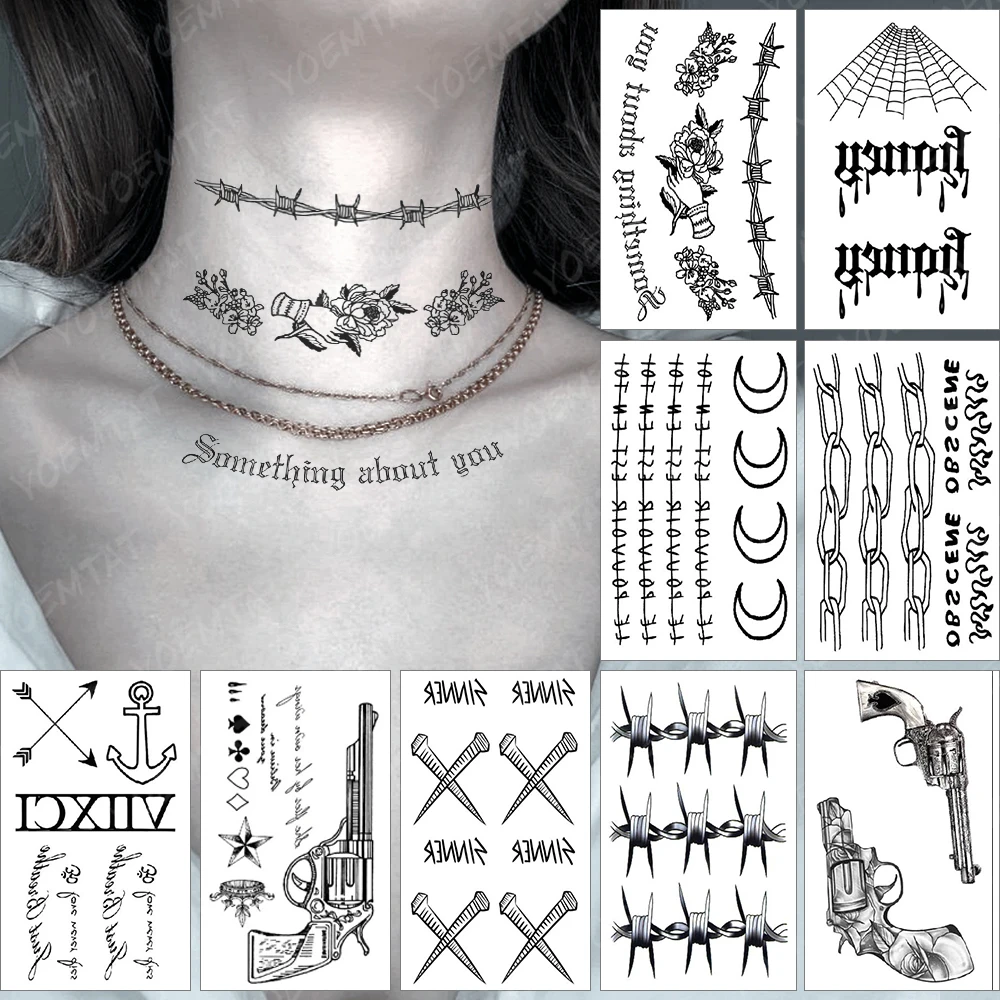 9pcs/lot Waterproof Temporary Tattoo Stickers Black Text Chain Spider Web Gun Flash Tatoo Men Women Wrist Body Art Fake Tatto