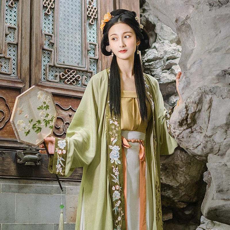 

Новое ретро платье Hanfu для женщин, Китайская традиционная вышивка, одежда Феи династии Сун, древняя одежда, зеленый костюм ханьфу T444