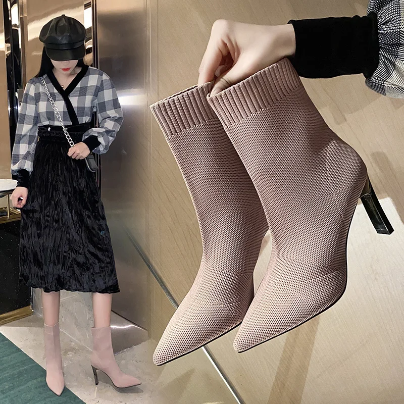 

Metal Blade Heels Socks Boots Women Stretch Fabric Elastic Stilettos Heel Pointed Toe Ankle Boots Shoes Woman Boats