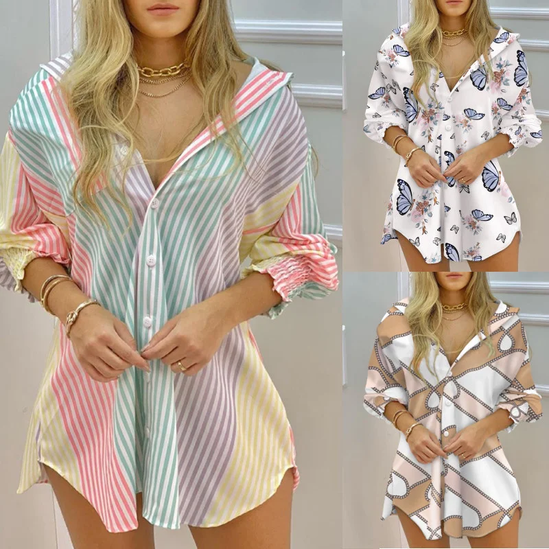 

2021 Summer Long Sleeve V-neck Button Stripe Shirt Dress