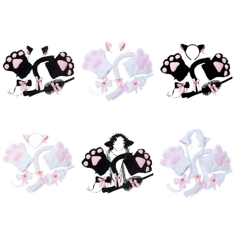 

Kitty Costume Accessories Set Furry Cat Ears Headwear Tail Collar Lolita Bowknot Bells Lovely Maid Cosplay Headpiece