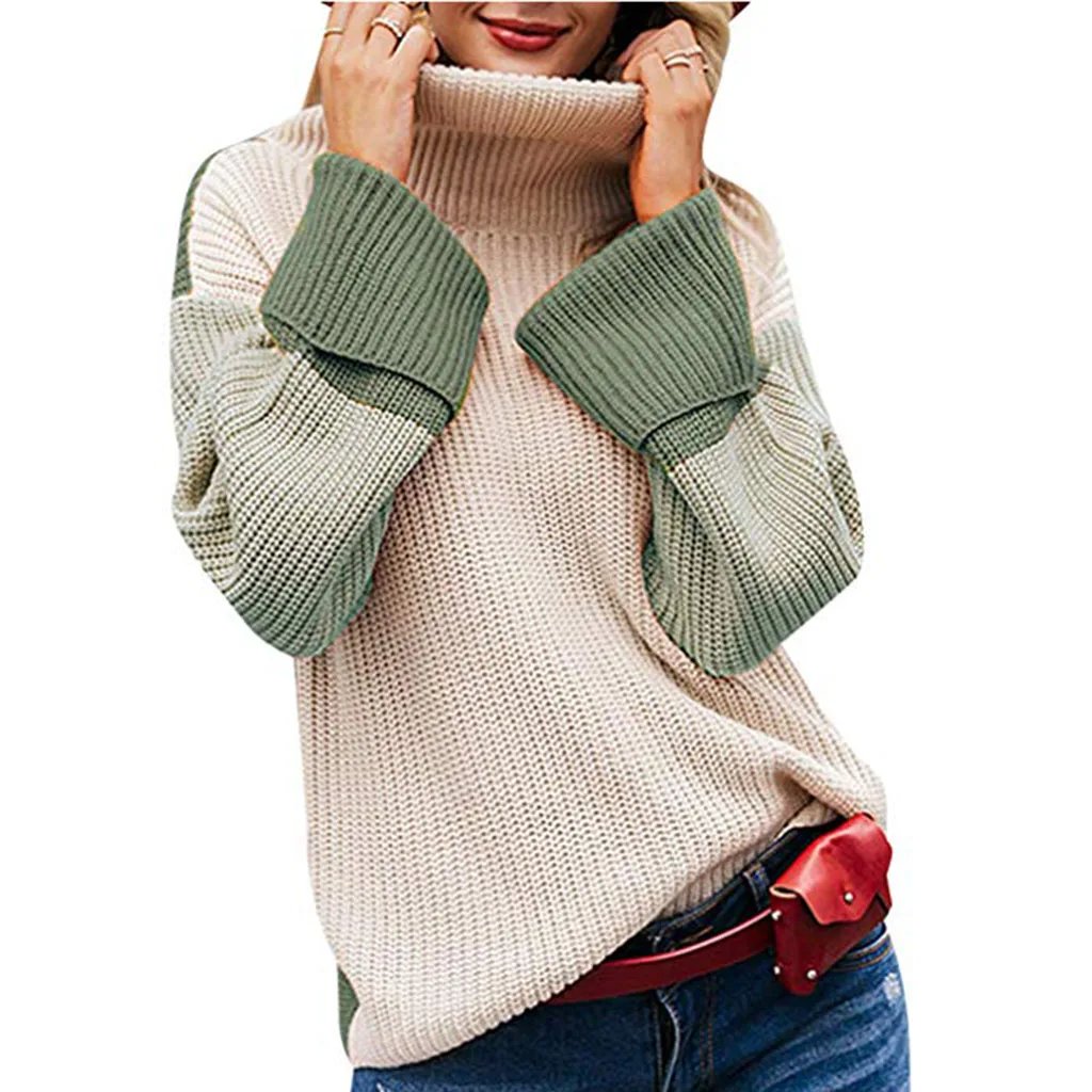 Женские Лоскутные свитеры с высоким воротом 2019 зимний теплый повседневный пуловер длинным рукавом женские