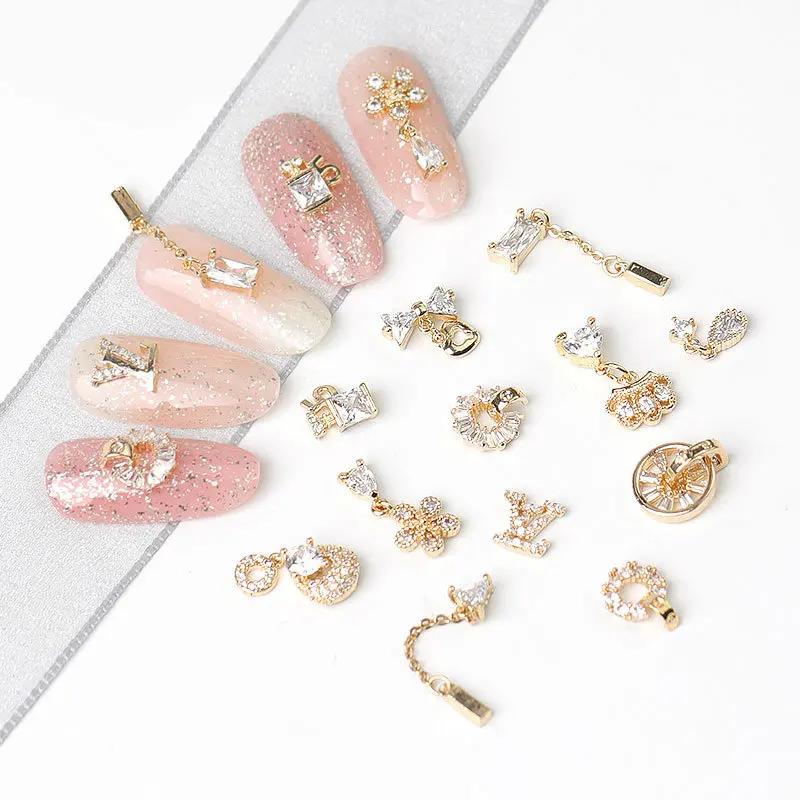 

10pcs/lot Pendant/Ring/Chain 3D Alloy Nail Art Zircon Gold Metal Manicure Nails Accessories DIY Decorations Charms Supplies