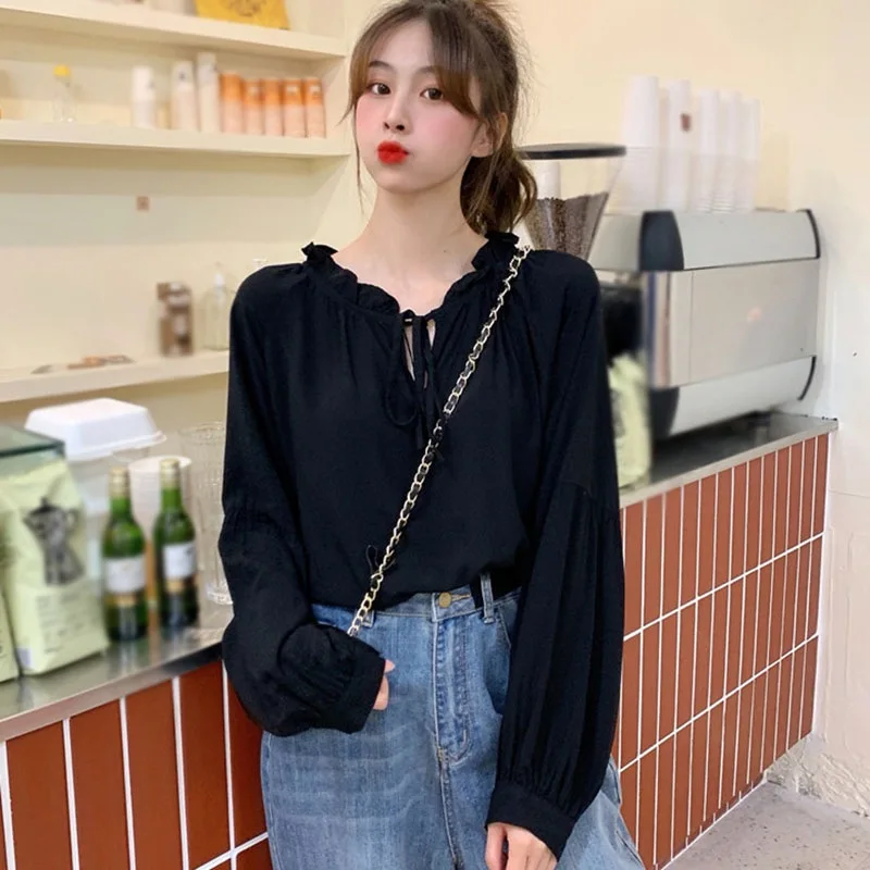 

French Black Lace-up Wood Ear Shirt Female Design Shirt