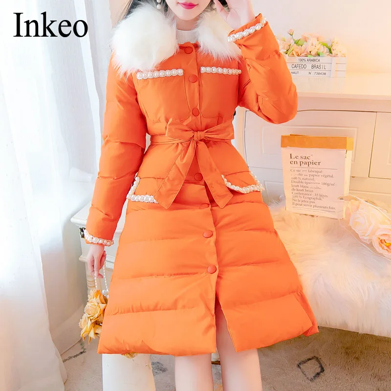 Sweet 2021 Winter Pearl Long puffer jacket Women's Thick warm Fur collar Slim Cotton padded coat With belt Outwear INKEO 1O190