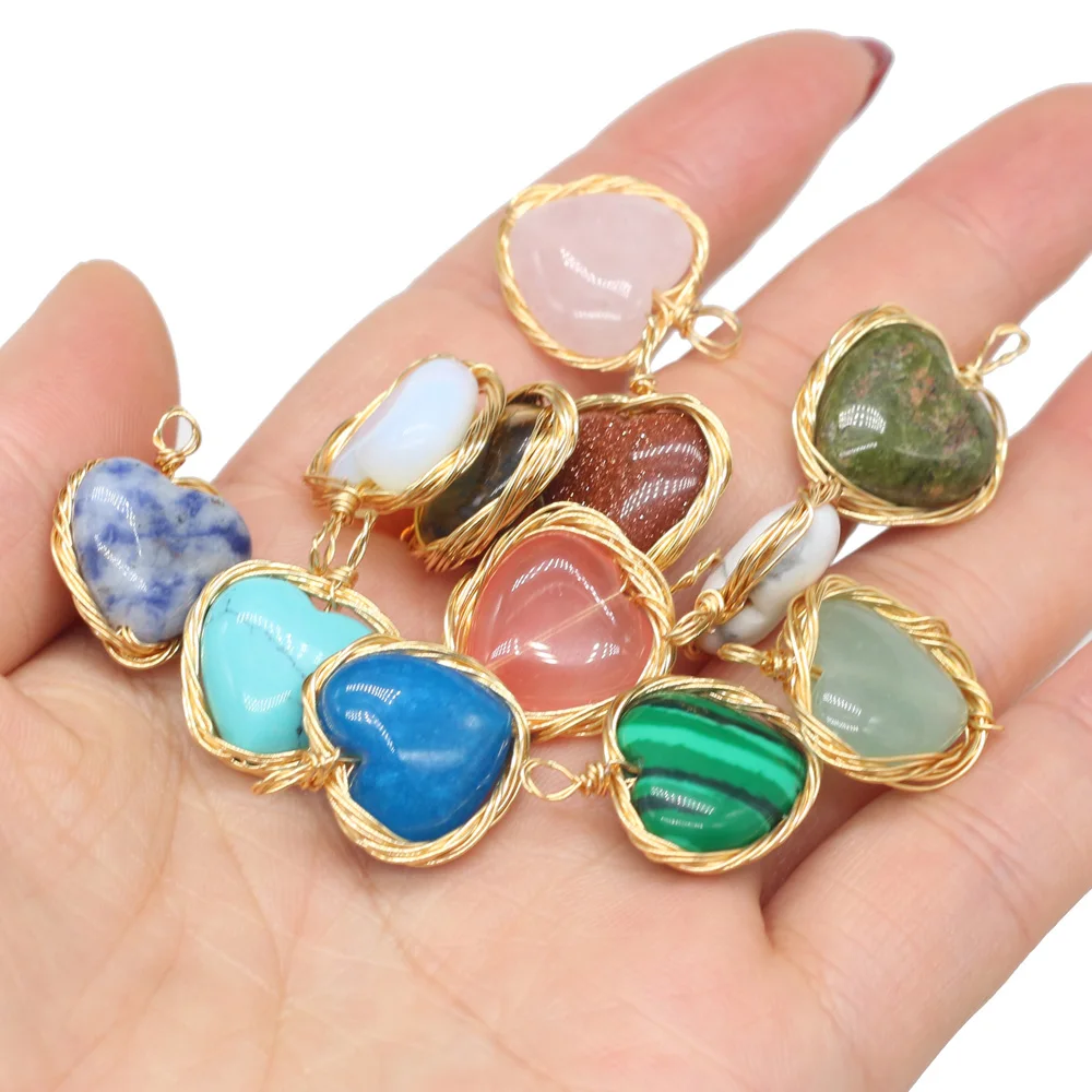 

Natural Stone Charms Rose Quartzs Heart Pendant Wire Wrapped Chakra Healing Jewelry Lovers Gifts DIY Necklace