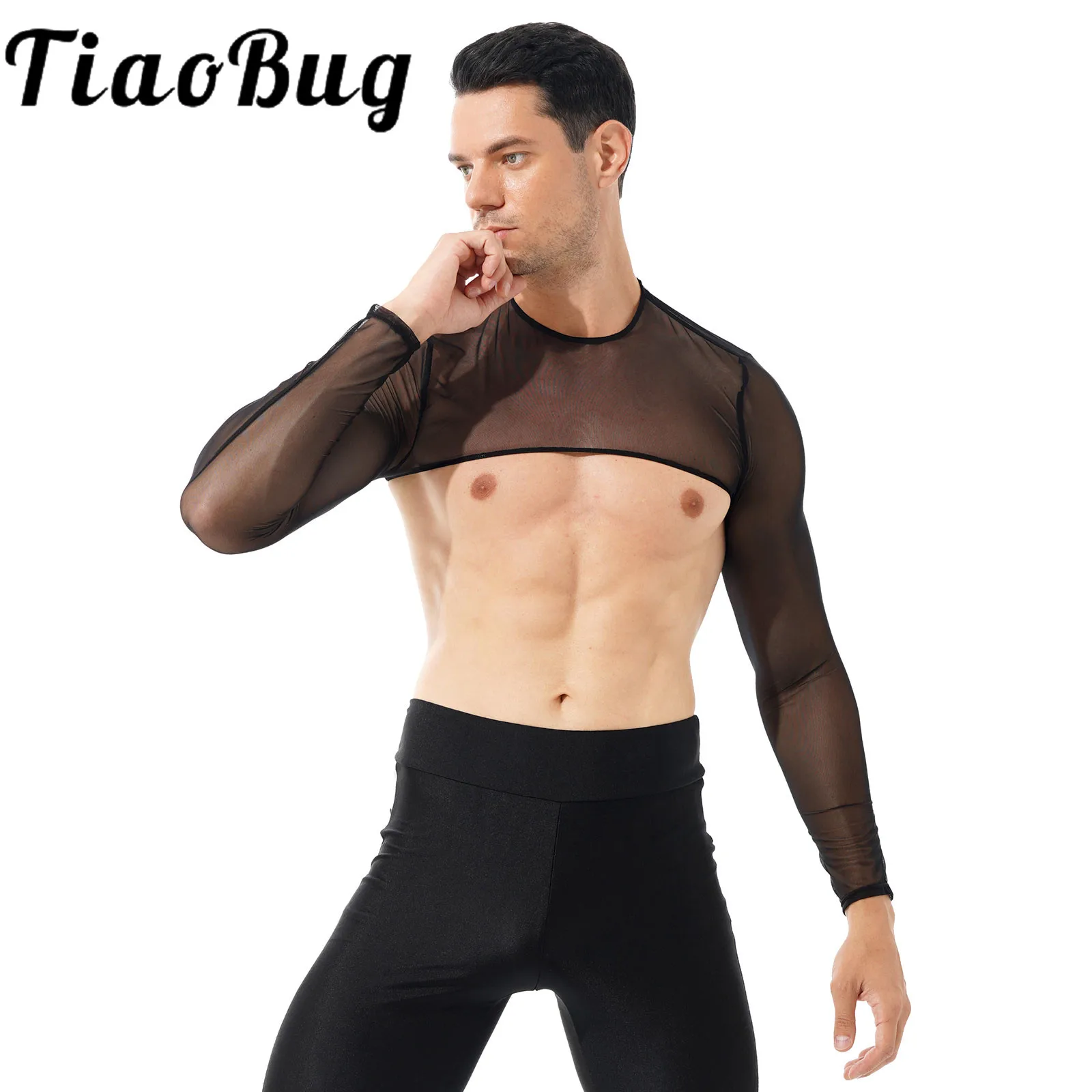 

Мужские сексуальные укороченные топы, прозрачная сетчатая укороченная майка, топ с круглым вырезом и длинным рукавом, облегающая футболка, ...