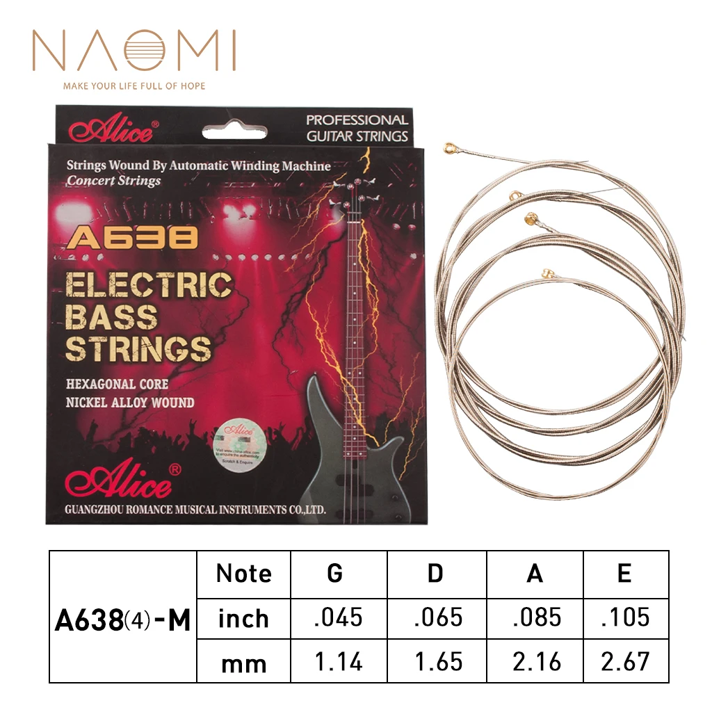 Электрические басовые струны Naomi Alice A638(4) M с обмоткой из никелевого сплава 0 045 105