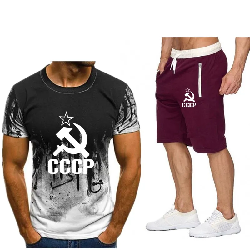 Комплект из футболки и шортов для мужчин модный костюм СССР двух предметов лето