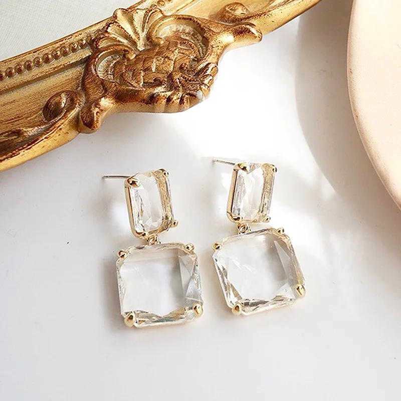 

New S925 Needle Square Earrings for Women Luxury High Quality Designer Creativity Temperament Wedding Party Gift Transparent