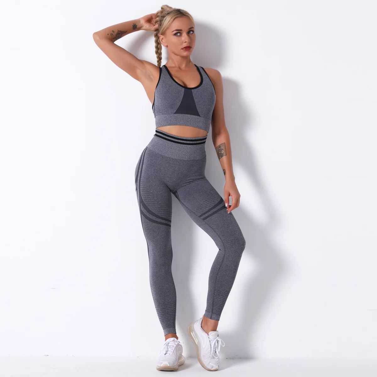 

2PCS/Seamless Knitted Line Hip-lifting Yoga Suit Sport Sexy Hip-hop Yoga Pants Women's Workout Clothes Leggings Crop Top