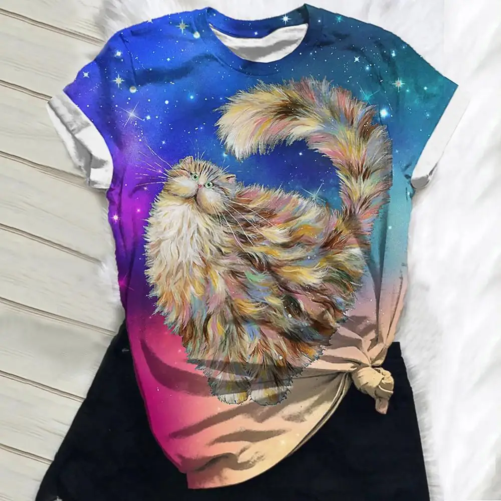 Футболка женская с круглым вырезом модный топ рисунком овец собак кошек коротким