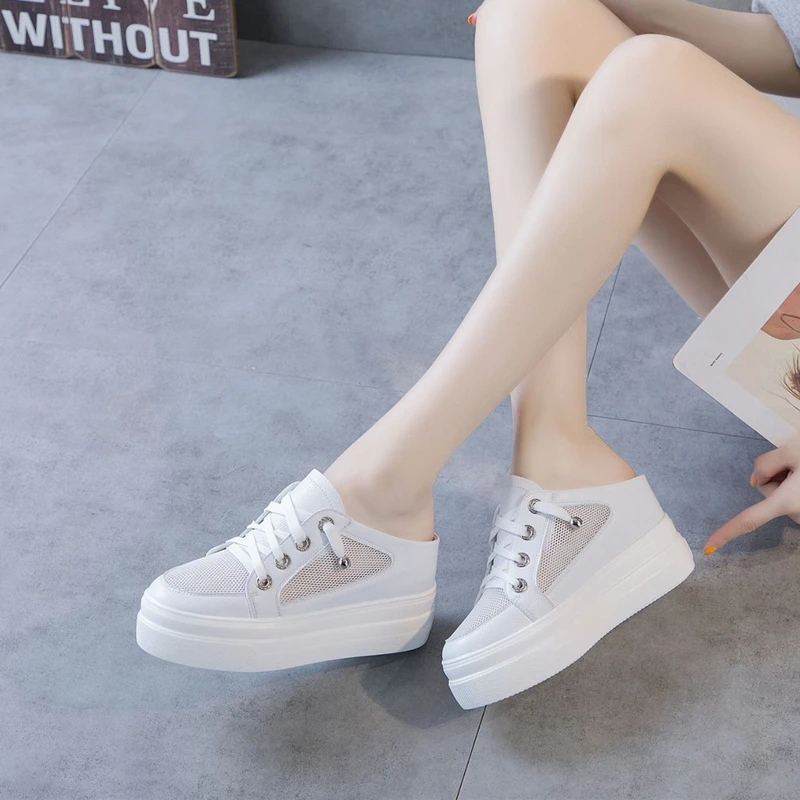 Size 42 Real Leather Wedged Shoes for Women Platform Plus Size Slippers Women White Summer Shoes Fashion Casual Ladies Slippers