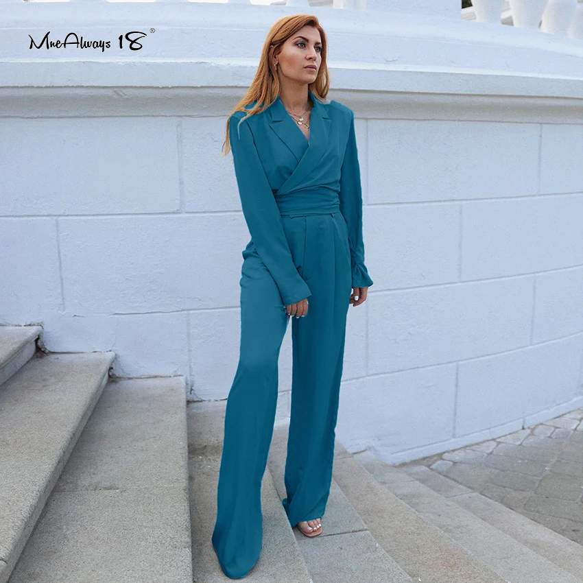 

Mnealways18 Fashion Office Ladies 2 Pieces Suits Blue Pleated Lace-Up Long Sleeves Blouses High Waist Wide Legs Trousers Outfits