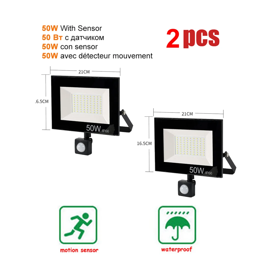 

2 pcs 220V 10-100W LED FloodLight Spotlight Exterior Street wall reflector Led Light LED Motion Sensor Lamp Waterproof Security