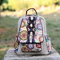 fashion national string appliques women shopping backpacksnice floral embossing lady cover backrack all match canvas backruck