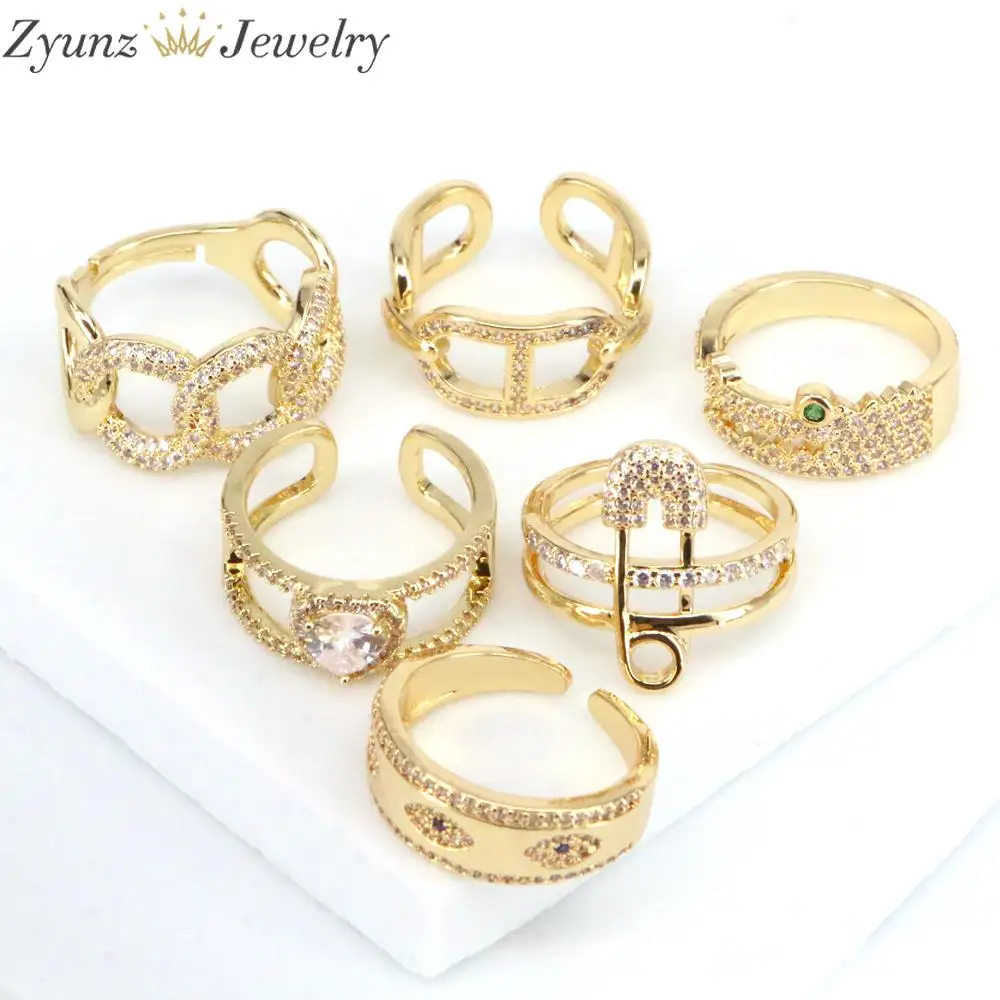 

5 шт., кольца в стиле хип-хоп с кристаллами циркония, безопасные золотые кольца в форме сердца и глаз для женщин, цепочка из звеньев, геометрич...