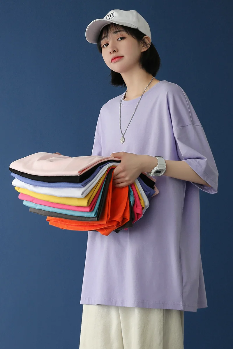 

Women's Cotton Short-Sleeved T-shirt White Summer New Solid Color Loose Ins Trendy Student Versatile Couple round Neck Top Men