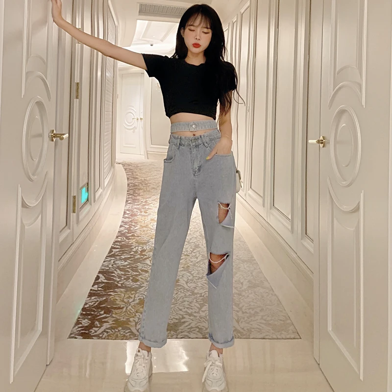

Spring 2021 New Korean Style Xuan Ya Daddy Pants High Waist Slimming Cropped Jeans Broken Holes Pants Women's Ins Fashion