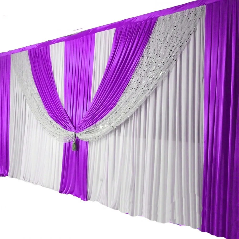 

Pure White Wedding Backdrop With Sequin Swags 3X6M Satin Party Stage Background Pleated Curtain Wedding Party Decorations