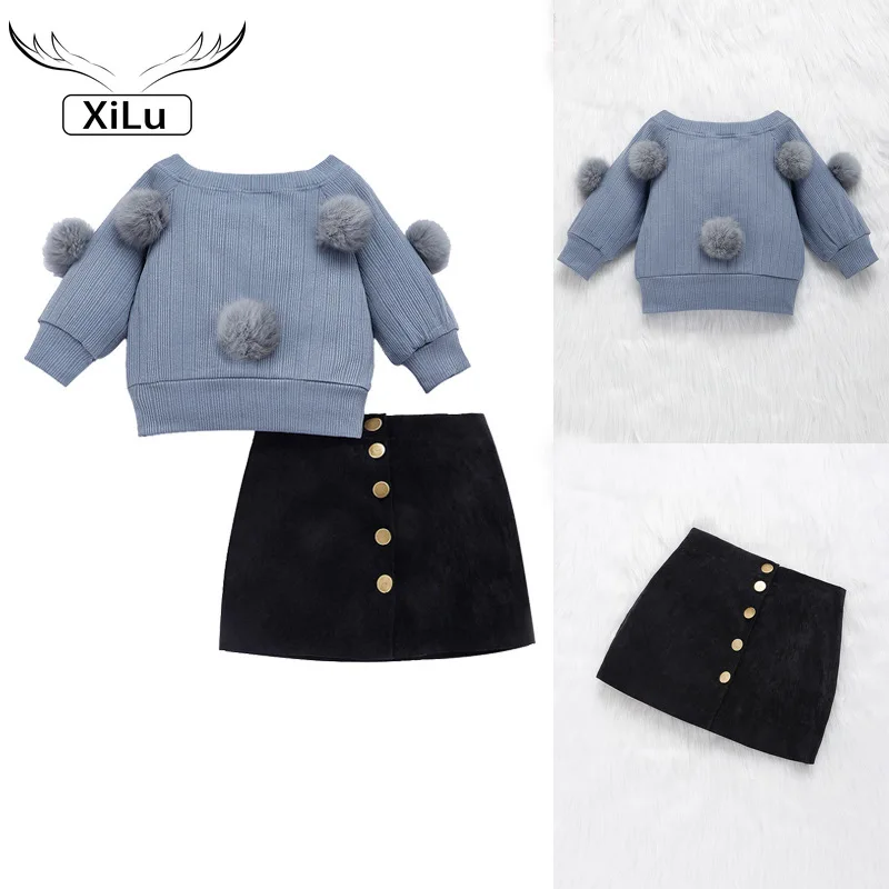 

Girls Long-sleeved Fur Ball Striped Round Neck Top Button Bag Hip Skirt Two-piece Suit Fashion Kids Boutique Clothing Wholesale
