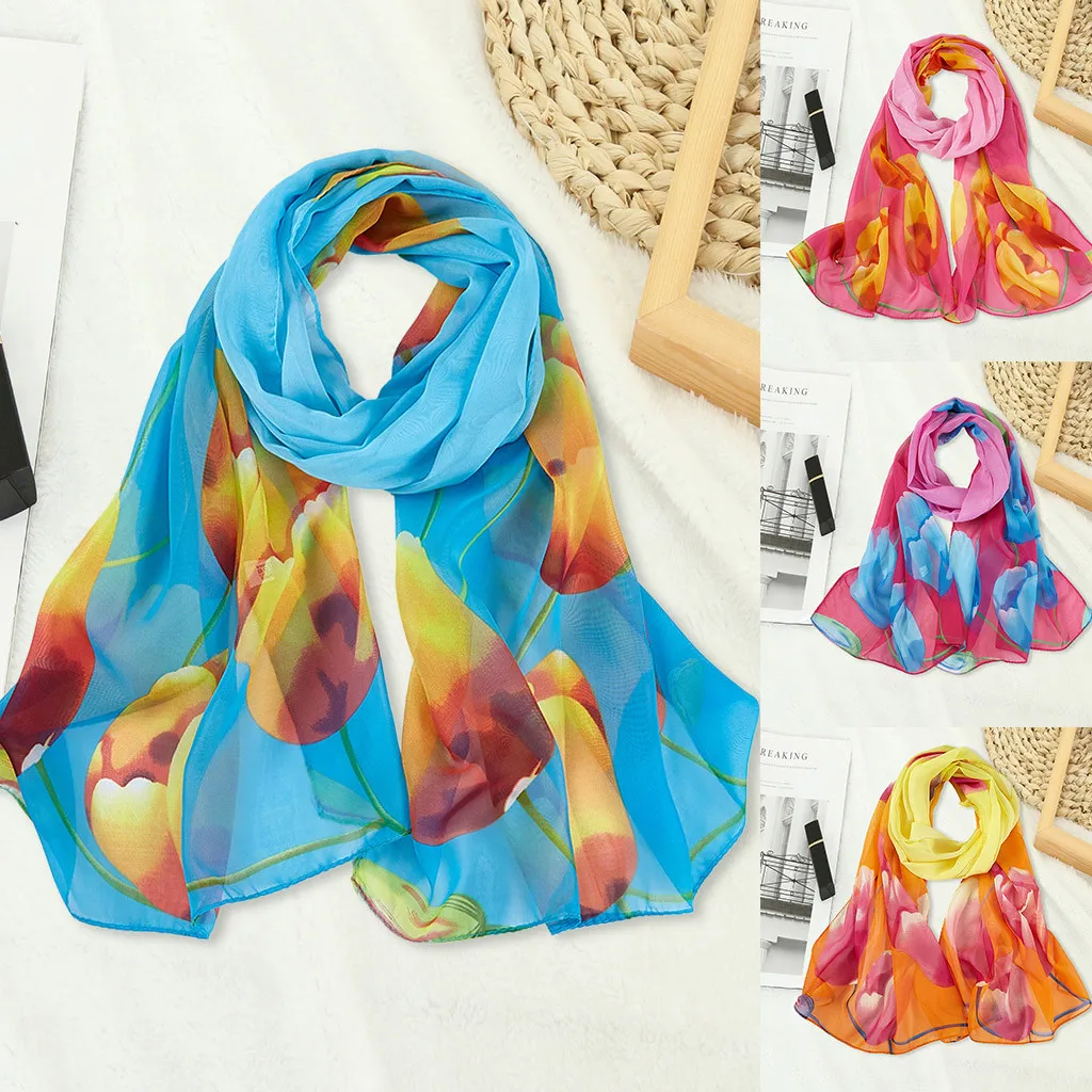 Осенний женский Шелковый Регулируемый шарф Женский Длинный мягкий с цветочным