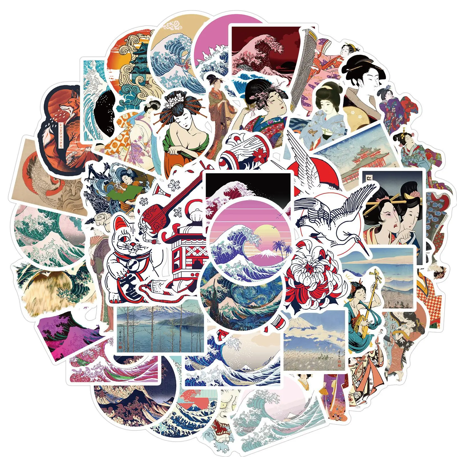 

50Pcs Japan Sea Wave Stickers Ukiyo-e Art Style Laptop Suitcase Graffiti Luggage Helmet Skateboard Phone Stickers Decal Gift Toy