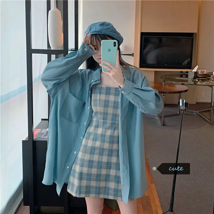 

2021Summer and Autumn Suit Blue Sunscreen Shirt + Plaid Sling Slim A-line Dress Western Style Two-piece Female