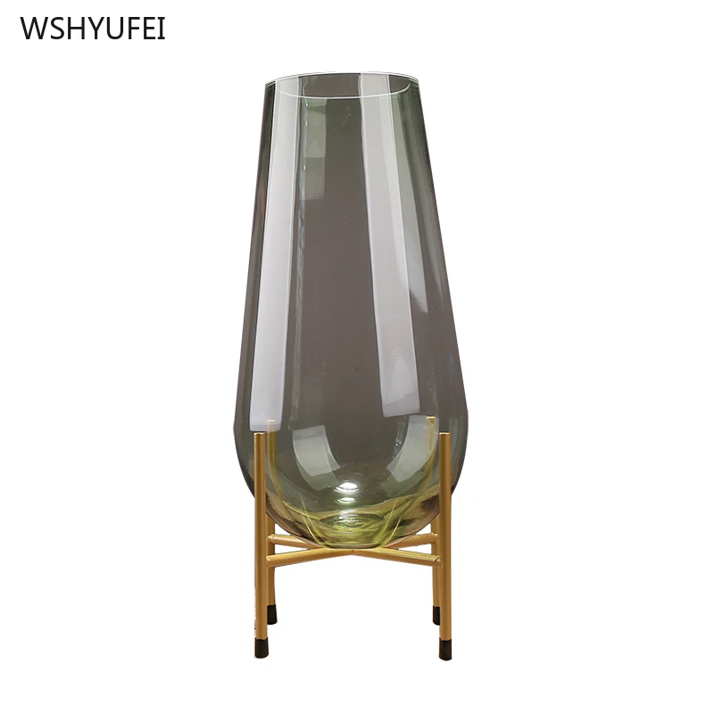 

Modern creative light luxury transparent glass vase can be hydroponic wrought iron bracket flower living room flower arrangement
