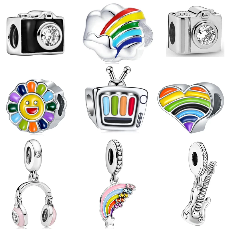 

New Silver Color Colorful TV Sunflower Rainbow Dangle Charm Pink headphones Bead Fit Original Pandora Bracelet DIY Women Jewelry