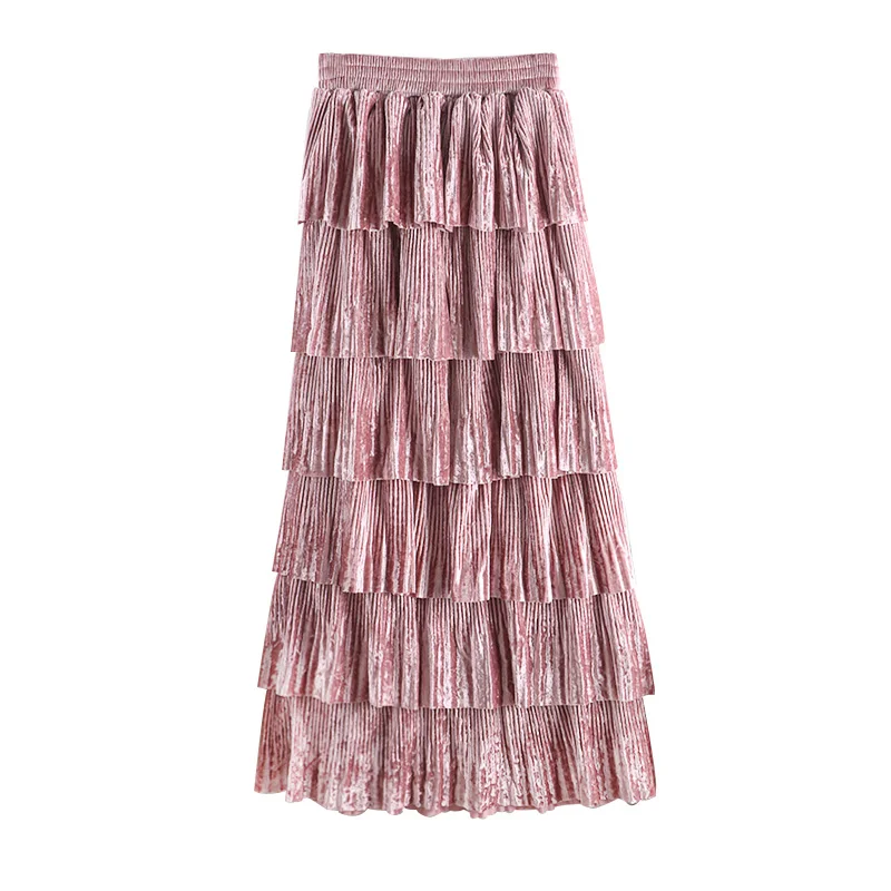 

New winter han edition joker elastic waist skirt pleated cake multi-level pleuche skirts female skirt 707