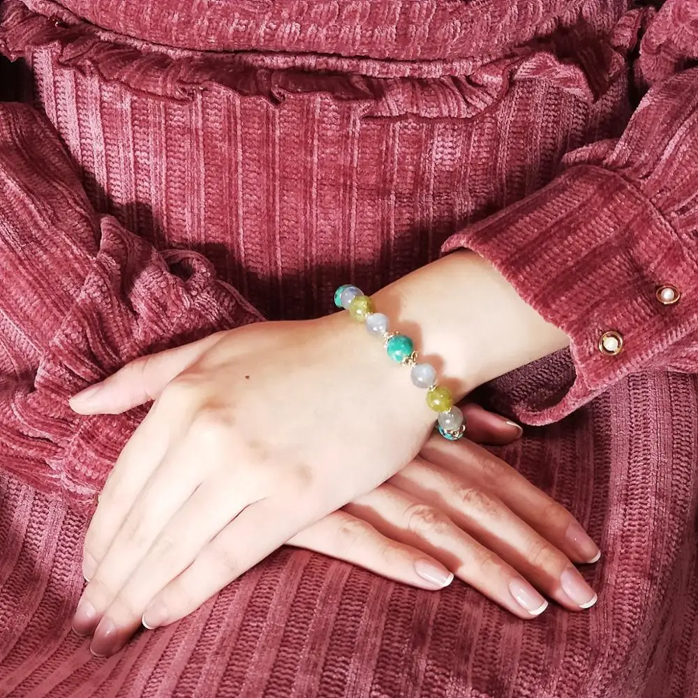 

LiiJi Unique Genuine Labradorite Chrysocolla Green Garnet Stone Bracelet 925 Sterling Silver Gold Color Elastic Bracelet