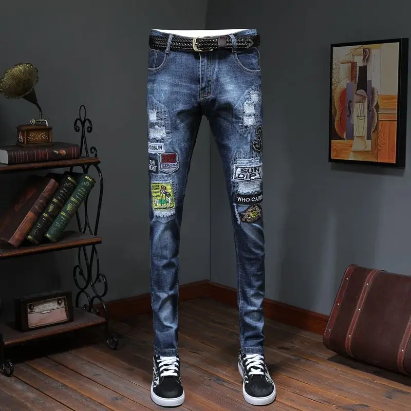

New men's stretch embroidery ripped jeans men's slim feet pants trend youth fashion casual pants black blue men demin jeans