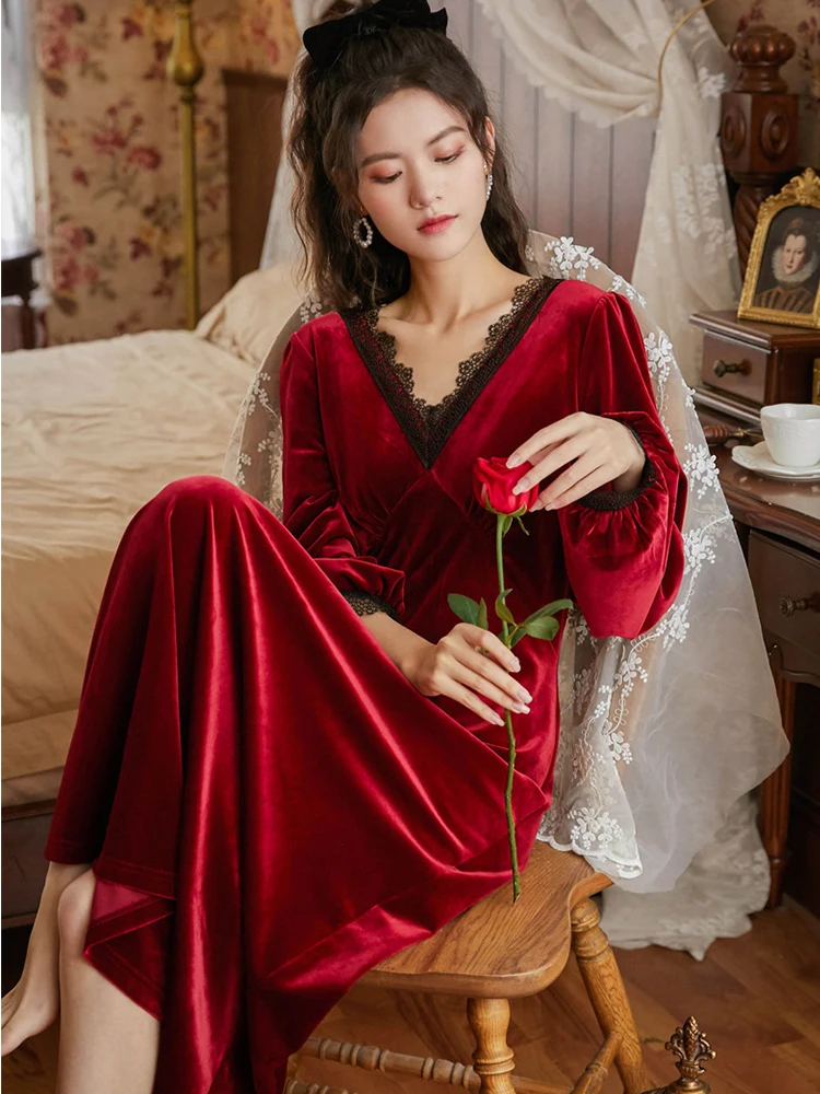 

Women Winter Nightdress Thicken Flannel Long Sleeve Ribbons Palace Dressing Gowm Princess Feminine Vintage Nightgown Sleepwear