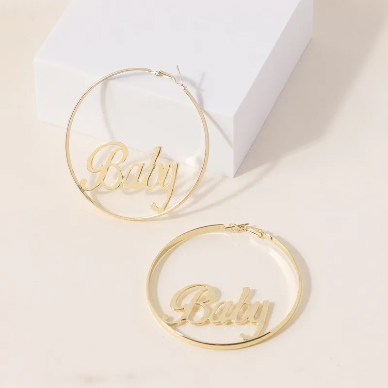 

2020 Wholesale INS Hot Selling Earrings Exaggerated Big Circle Baby English Letter Earrings Popular Jewelry Factory Direct Sales