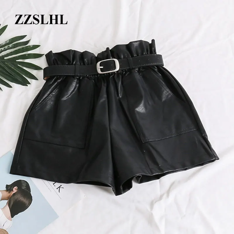 

Elastic High Waist Loose PU Leather Shorts Women England Style Sashes Wide Leg Short Ladies Sexy Leather Shorts Autumn Winter