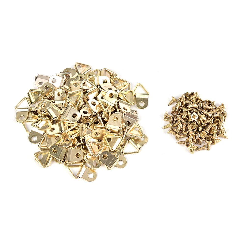 

100Pcs Golden Picture Hangers Brass Triangle Photo Picture Frame Wall Mount Hanger Hook Ring Iron