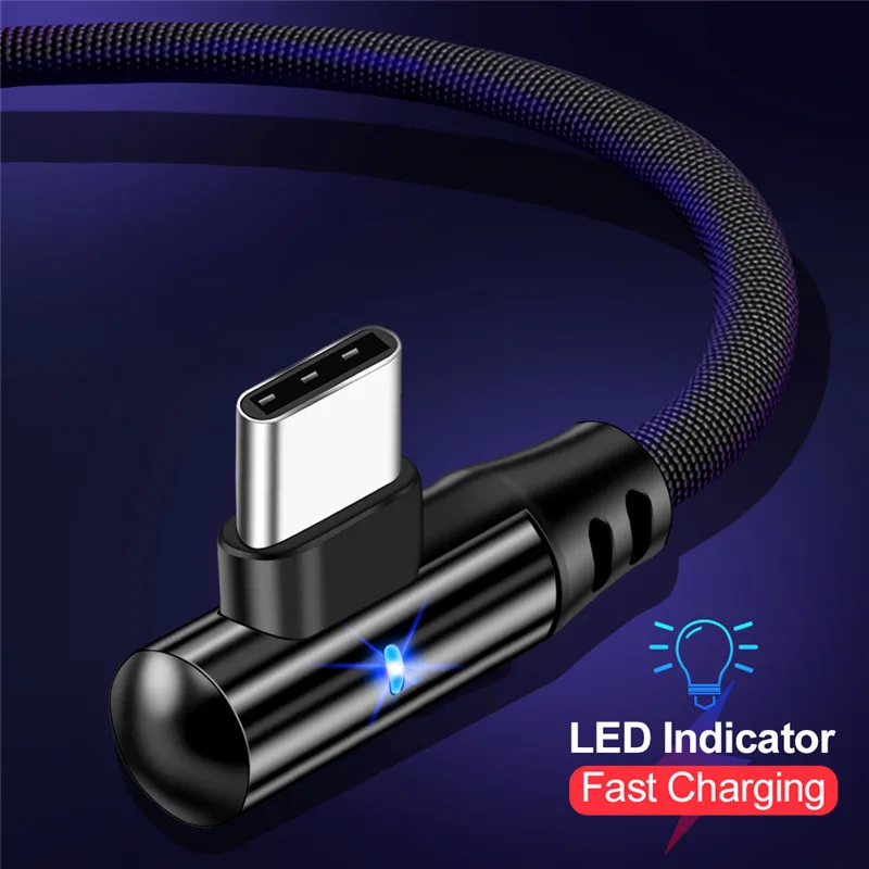 

90 Degree USB Type C Cable Fast Charging Data Cord Micro USB Wire For Xiaomi Samsung Mobile Phone LED Quick Charging Wire