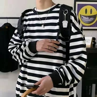 2021 new striped long sleeved sweater men punk clothes t shirt round neck pullover student bottoming shirt high street urban top