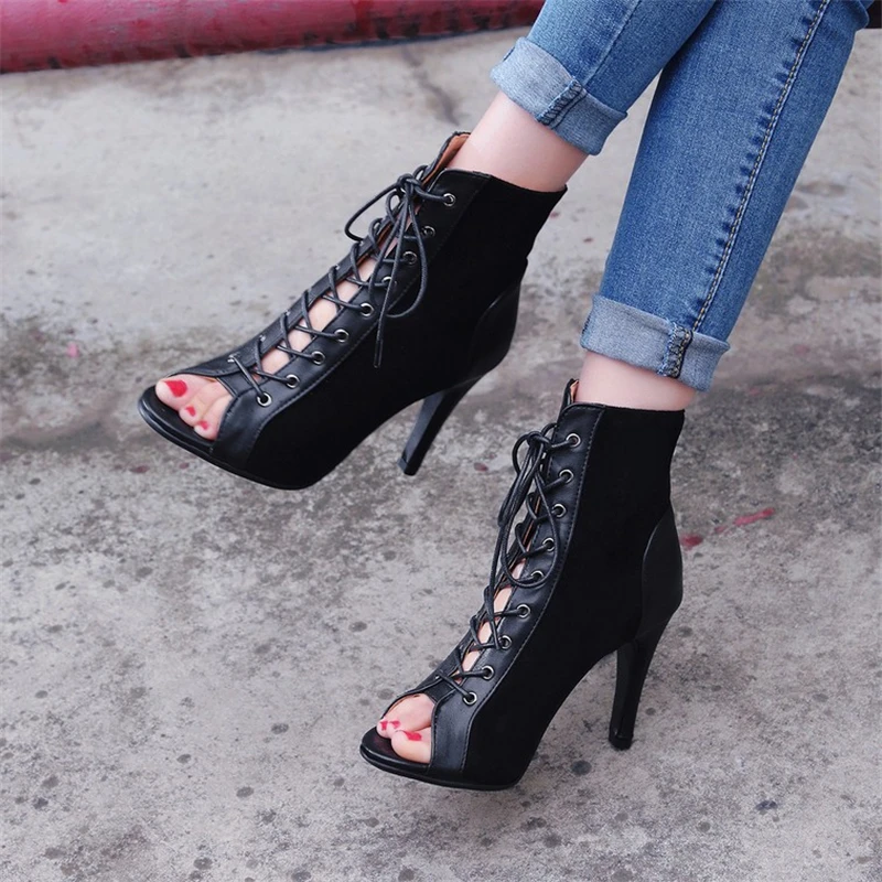 

Women's fashion summer boots Open Toe Comfortable high heel sandals Lace-Up Casual high heel summer Ankle boots Plus Size 34-43