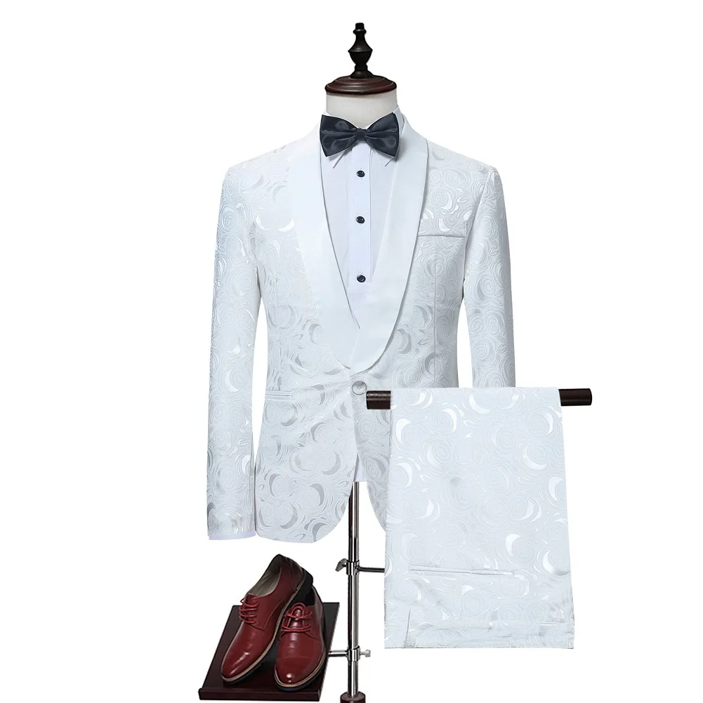 Fashion Mens White Rose Print Suits With Pants Wedding Groom 2 Piece Suit (Jacket+Pant) Men Stage Prom Costume Homme Tuxedo Suit