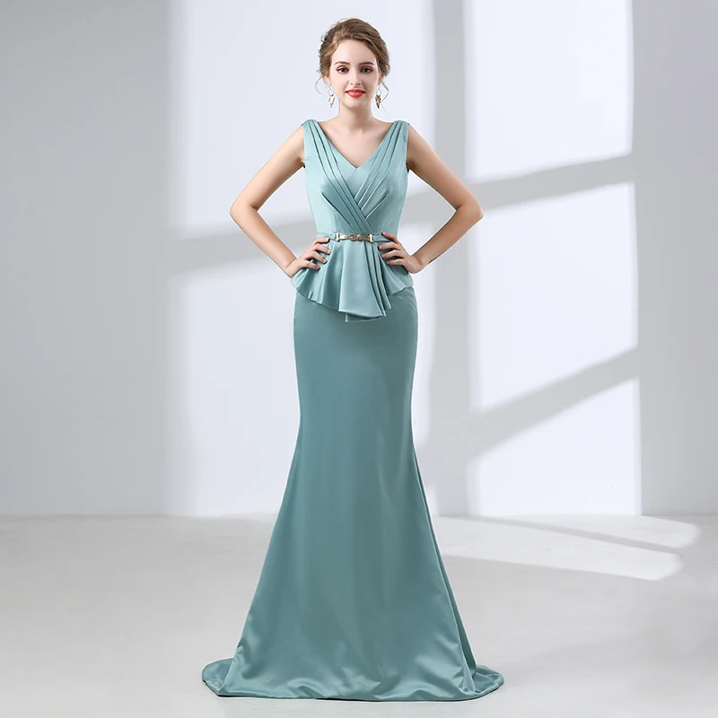 

Elegant Lake Blue Mother of The Bride Dresses V Neck Sleeeveless Open Back Lace Up Floor-Length Dresses Mother of The Bride New