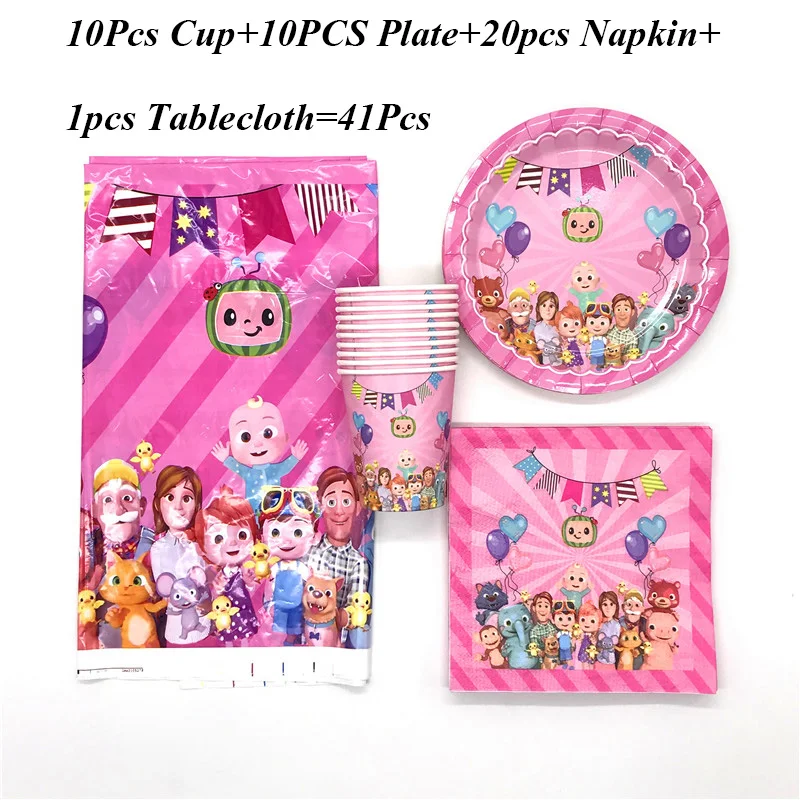 

61 PCS/lot Cocomelon Theme Tableware Children Birthday Party Paper Cup Plate Napkin Wedding Dish Glass Tissue Table Cover Supply
