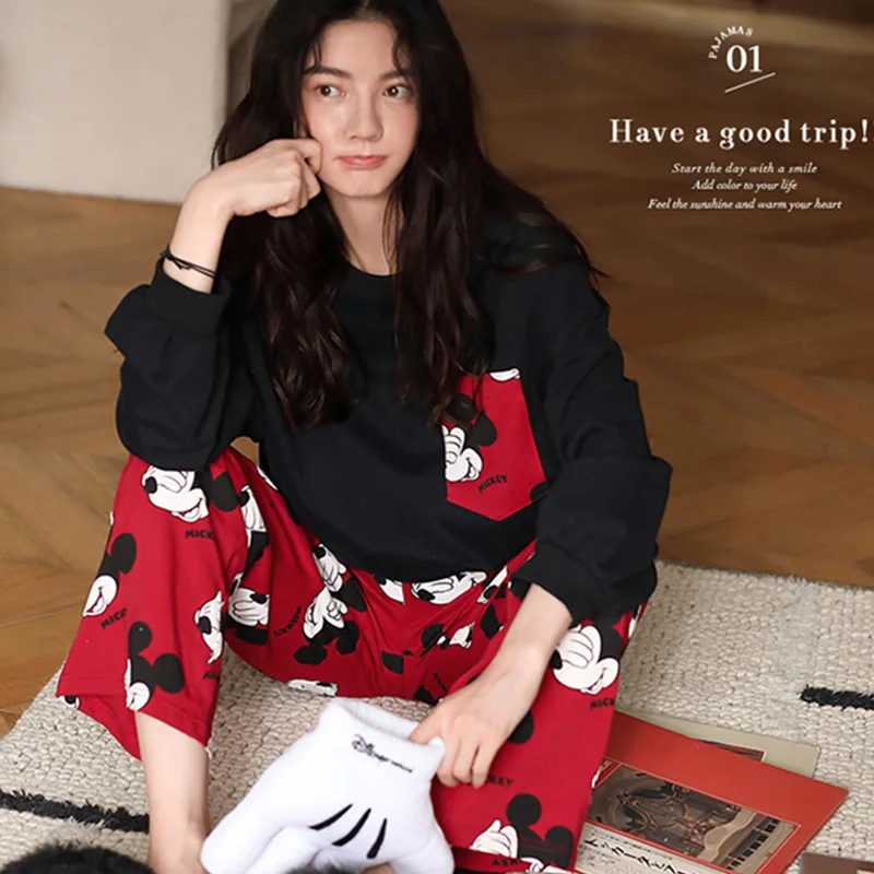 Disney Plus Size Pajamas Set for Womens Autumn Long Sleeve Sleepwear Women Set Pajamas Suit Female Two Piece Set Loungewear Fall
