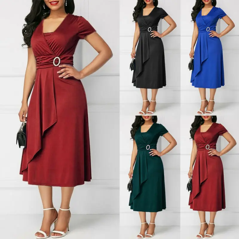 Элегантное женское однотонное асимметричное платье миди с высокой талией модное