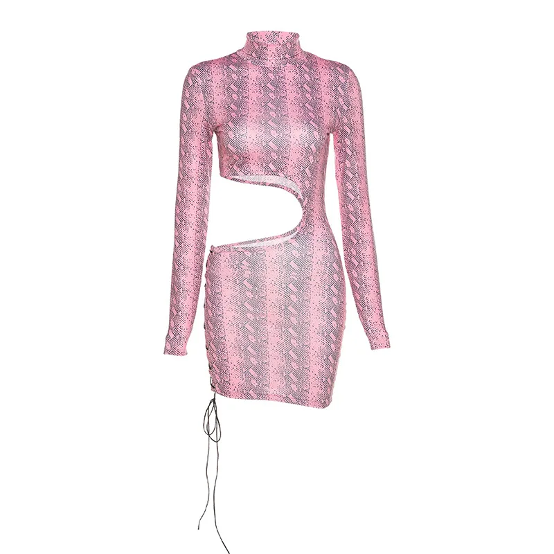 

FAKUNTN Sexy Serpentine Dress Women Fashion Autumn Winter High Neck Side Hollow Long Sleeve Party Dresses For Women Vestidos