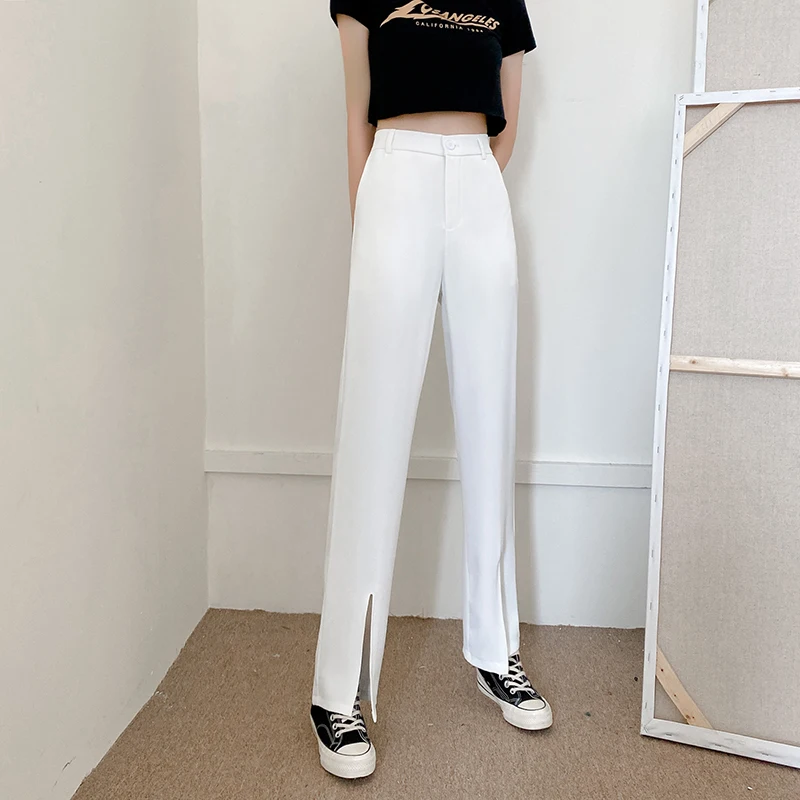 

Split wide leg high waist drape women's trousers 2021 summer white impermeable ice silk suit elastic band trousers