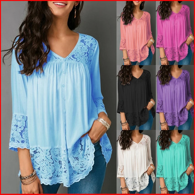 

Patchwork Lace V Neck Spring Autumn Tunic Tops Women Casual Solid Color 3/4 Sleeves Slim Shirt Irregular Pullovers