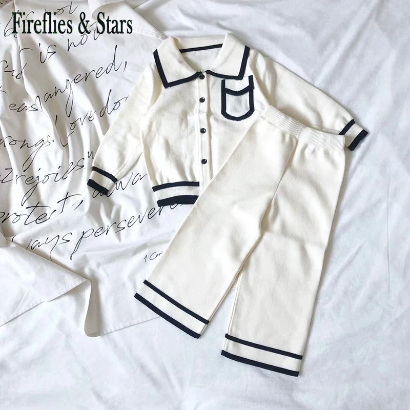 Spring Autumn girls 2 pcs set baby cardigan + wide pants kids knitted suit children brand clothes striped pocket 4 to 12 yrs | Детская