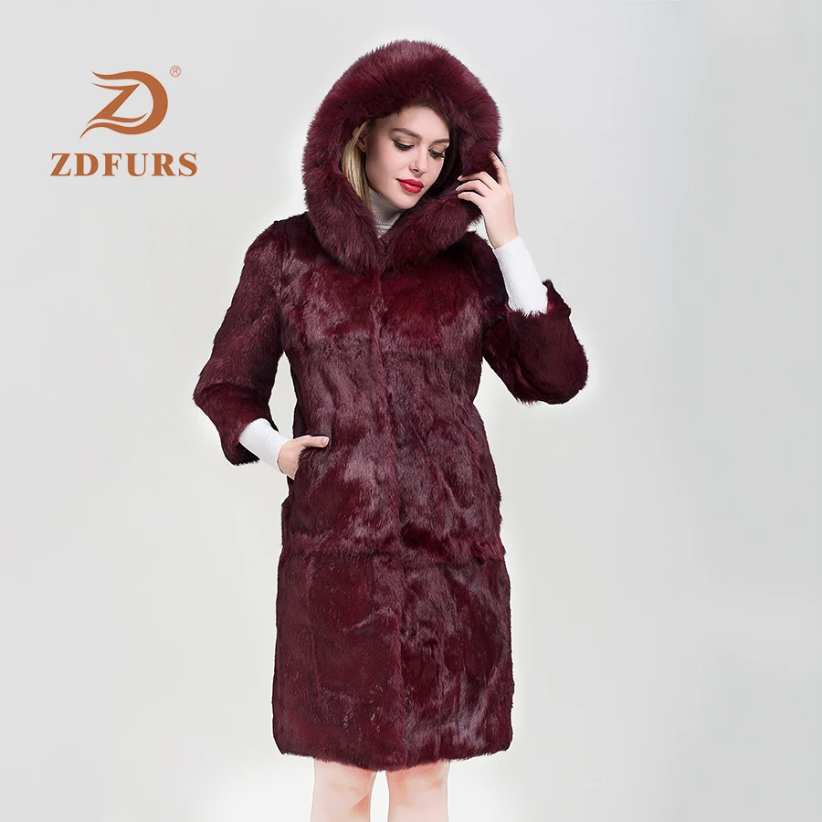 ZDFURS*2019 Fashion real fur coat women full sleeve wave cut genuine rabbit fur warm winter coats and jackets with fox hood